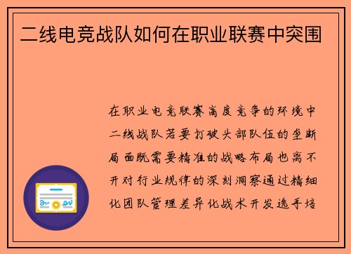 二线电竞战队如何在职业联赛中突围